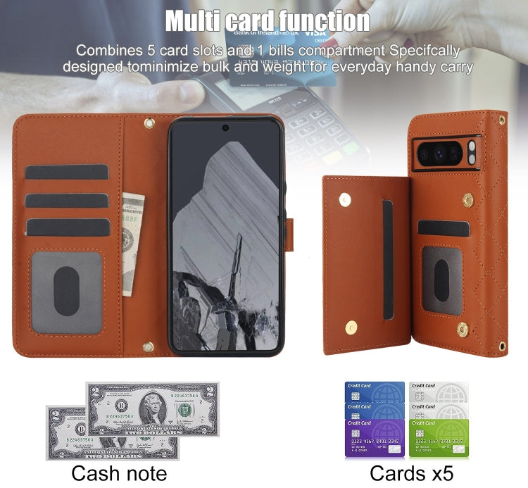 For Google Pixel 8 Pro Crossbody Multifunction Rhombic Leather Phone Case(Brown) - free shipping - PMC TechLife - Order now!