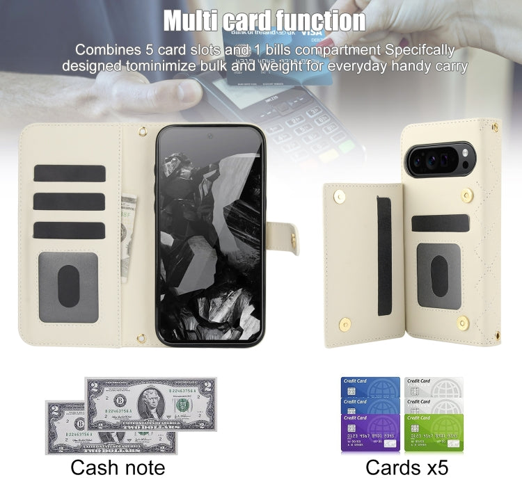 For Google Pixel 9 Crossbody Multifunction Rhombic Leather Phone Case(White) - Google Cases by PMC TechLife | Online Shopping South Africa | PMC TechLife | Buy Now Pay Later Mobicred