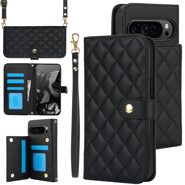 For Google Pixel 9 Crossbody Multifunction Rhombic Leather Phone Case(Black) - Google Cases by PMC TechLife | Online Shopping South Africa | PMC TechLife | Buy Now Pay Later Mobicred