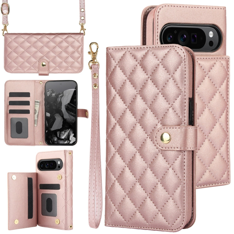 For Google Pixel 9 Crossbody Multifunction Rhombic Leather Phone Case(Rose Gold) - Google Cases by PMC TechLife | Online Shopping South Africa | PMC TechLife | Buy Now Pay Later Mobicred