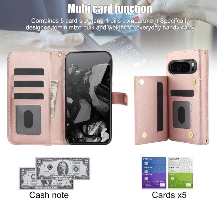 For Google Pixel 9 Crossbody Multifunction Rhombic Leather Phone Case(Rose Gold) - Google Cases by PMC TechLife | Online Shopping South Africa | PMC TechLife | Buy Now Pay Later Mobicred
