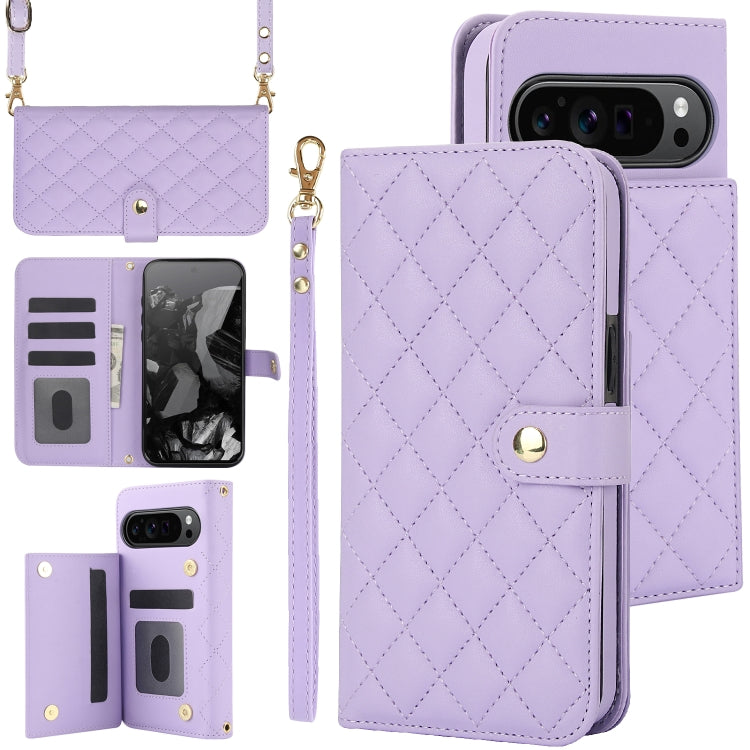 For Google Pixel 9 Crossbody Multifunction Rhombic Leather Phone Case(Purple) - Google Cases by PMC TechLife | Online Shopping South Africa | PMC TechLife | Buy Now Pay Later Mobicred