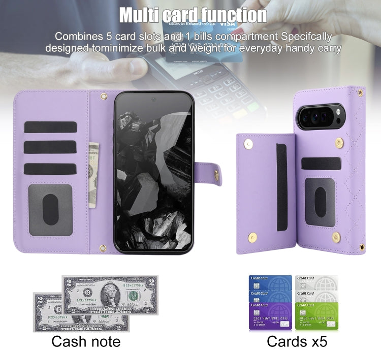 For Google Pixel 9 Crossbody Multifunction Rhombic Leather Phone Case(Purple) - Google Cases by PMC TechLife | Online Shopping South Africa | PMC TechLife | Buy Now Pay Later Mobicred