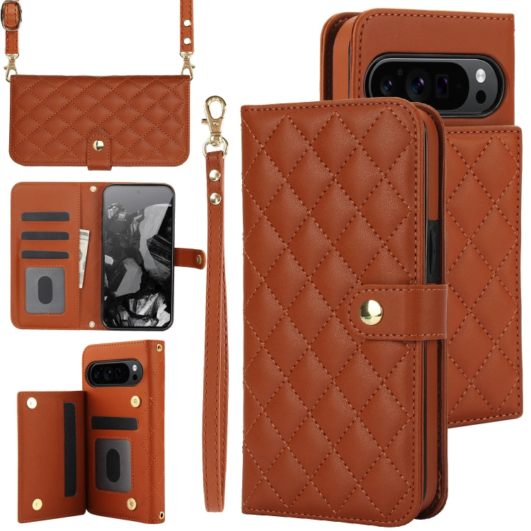 For Google Pixel 9 Crossbody Multifunction Rhombic Leather Phone Case(Brown) - Google Cases by PMC TechLife | Online Shopping South Africa | PMC TechLife | Buy Now Pay Later Mobicred