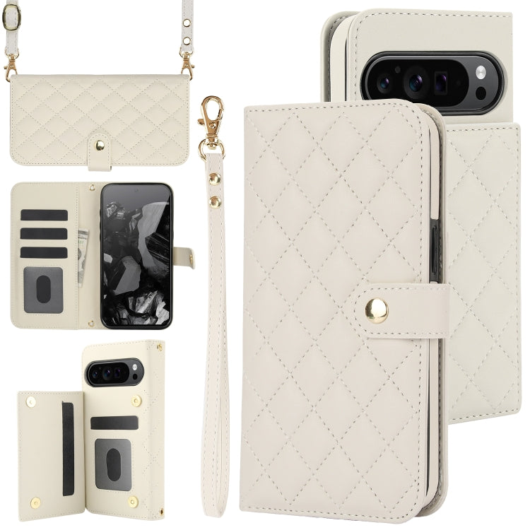 For Google Pixel 9 Pro XL Crossbody Multifunction Rhombic Leather Phone Case(White) - Google Cases by PMC TechLife | Online Shopping South Africa | PMC TechLife | Buy Now Pay Later Mobicred