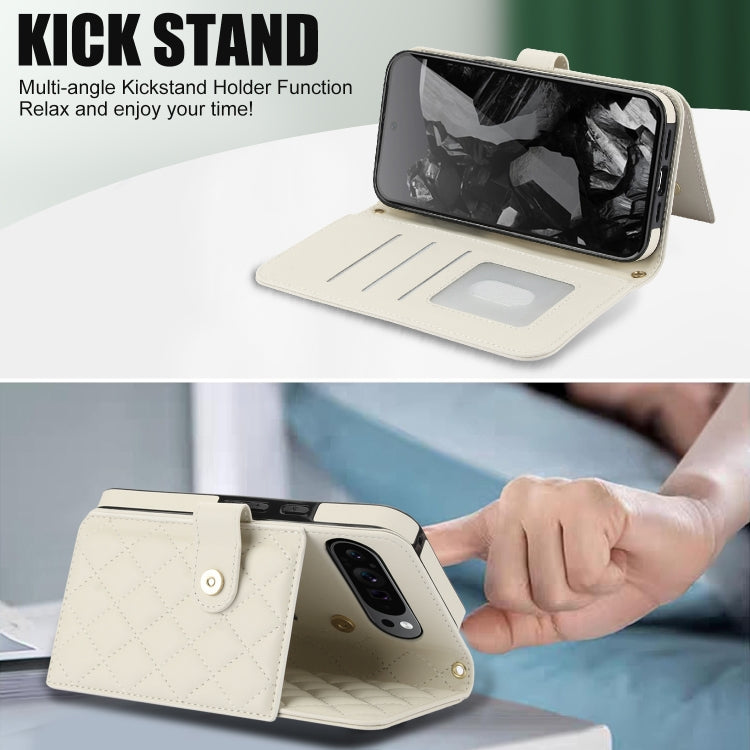 For Google Pixel 9 Pro XL Crossbody Multifunction Rhombic Leather Phone Case(White) - Google Cases by PMC TechLife | Online Shopping South Africa | PMC TechLife | Buy Now Pay Later Mobicred