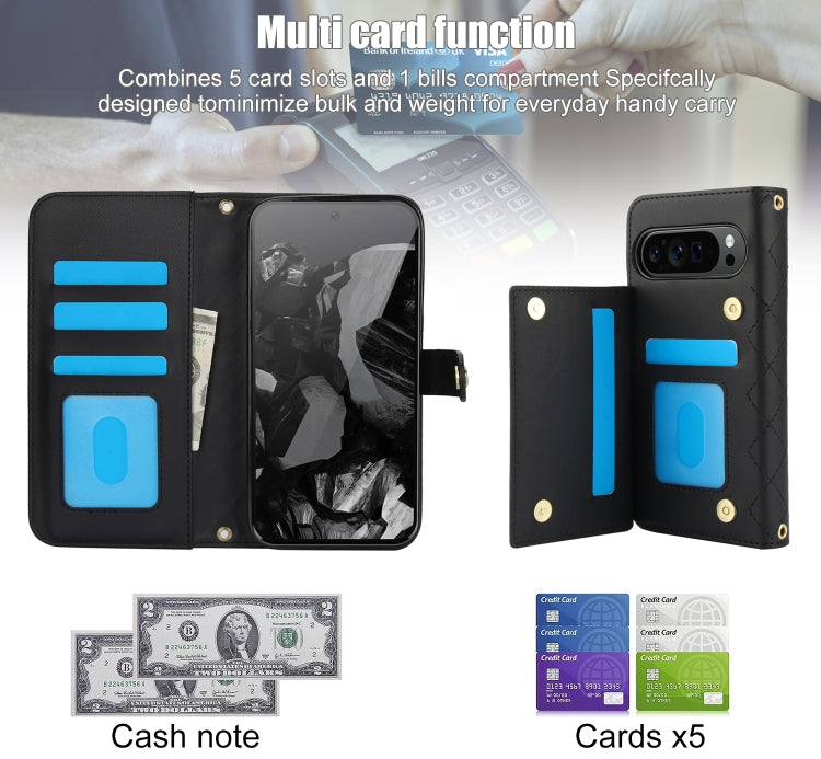 For Google Pixel 9 Pro XL Crossbody Multifunction Rhombic Leather Phone Case(Black) - Google Cases by PMC TechLife | Online Shopping South Africa | PMC TechLife | Buy Now Pay Later Mobicred