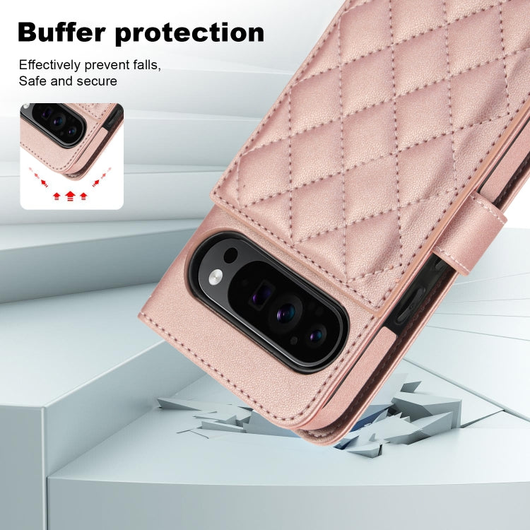 For Google Pixel 9 Pro XL Crossbody Multifunction Rhombic Leather Phone Case(Rose Gold) - Google Cases by PMC TechLife | Online Shopping South Africa | PMC TechLife | Buy Now Pay Later Mobicred