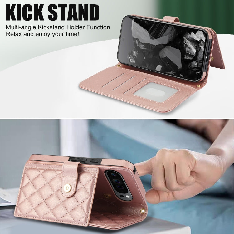 For Google Pixel 9 Pro XL Crossbody Multifunction Rhombic Leather Phone Case(Rose Gold) - Google Cases by PMC TechLife | Online Shopping South Africa | PMC TechLife | Buy Now Pay Later Mobicred