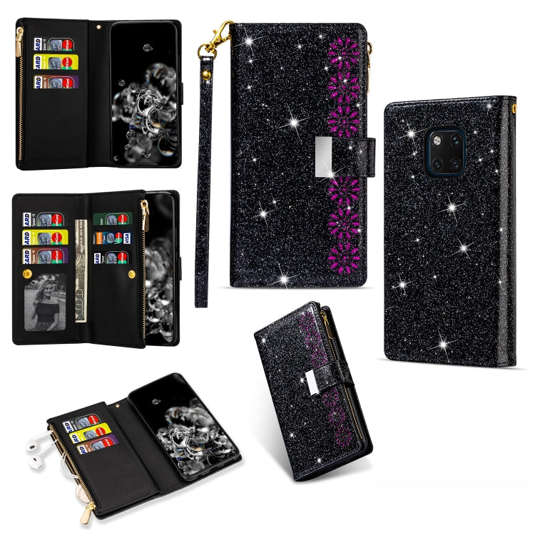 For Huawei Mate 20 Pro Multi-card Slots Starry Sky Laser Carving Glitter Zipper Horizontal Flip Leather Case with Holder & Wallet & Lanyard(Black) - Huawei Cases by PMC TechLife | Online Shopping South Africa | PMC TechLife