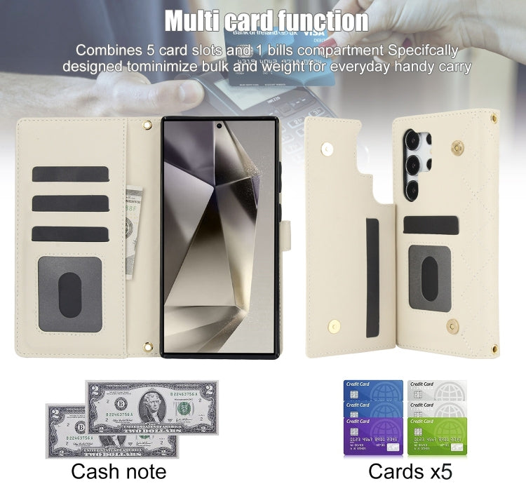 For Samsung Galaxy S24 Ultra 5G Crossbody Multifunction Rhombic Leather Phone Case(White) - Galaxy S24 Ultra 5G Cases by PMC Jewellery | Online Shopping South Africa | PMC Jewellery | Buy Now Pay Later Mobicred