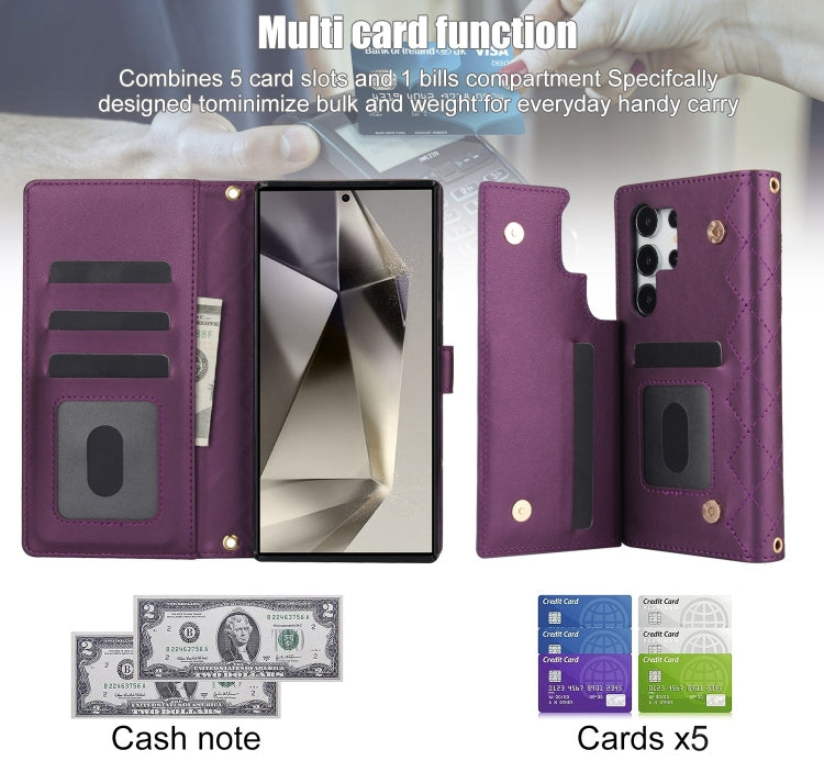 For Samsung Galaxy S24 Ultra 5G Crossbody Multifunction Rhombic Leather Phone Case(Dark Purple) - Galaxy S24 Ultra 5G Cases by PMC Jewellery | Online Shopping South Africa | PMC Jewellery | Buy Now Pay Later Mobicred