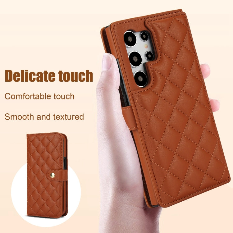 For Samsung Galaxy S24 Ultra 5G Crossbody Multifunction Rhombic Leather Phone Case(Brown) - Galaxy S24 Ultra 5G Cases by PMC Jewellery | Online Shopping South Africa | PMC Jewellery | Buy Now Pay Later Mobicred