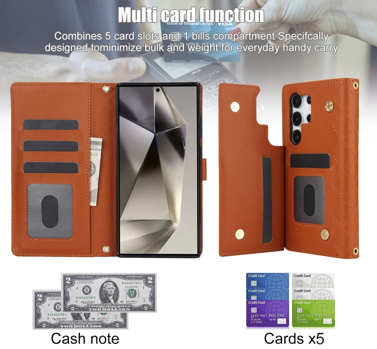For Samsung Galaxy S24 Ultra 5G Crossbody Multifunction Rhombic Leather Phone Case(Brown) - Galaxy S24 Ultra 5G Cases by PMC Jewellery | Online Shopping South Africa | PMC Jewellery | Buy Now Pay Later Mobicred