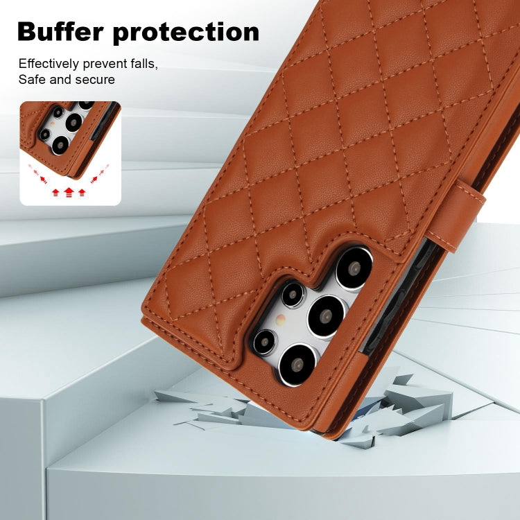 For Samsung Galaxy S24 Ultra 5G Crossbody Multifunction Rhombic Leather Phone Case(Brown) - Galaxy S24 Ultra 5G Cases by PMC Jewellery | Online Shopping South Africa | PMC Jewellery | Buy Now Pay Later Mobicred