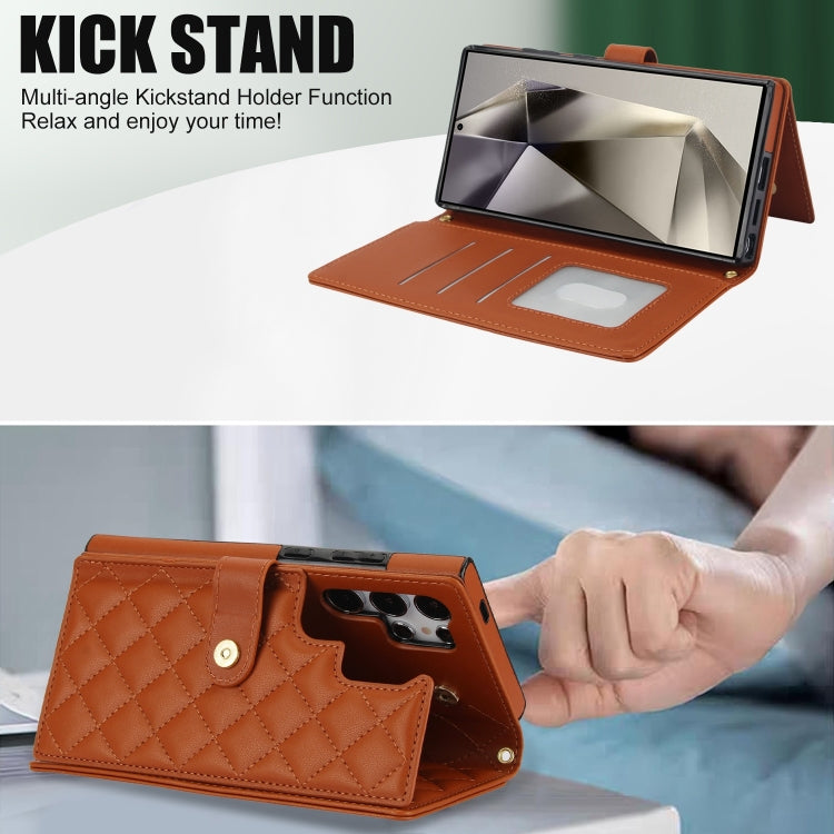 For Samsung Galaxy S24 Ultra 5G Crossbody Multifunction Rhombic Leather Phone Case(Brown) - Galaxy S24 Ultra 5G Cases by PMC Jewellery | Online Shopping South Africa | PMC Jewellery | Buy Now Pay Later Mobicred