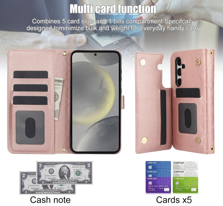 For Samsung Galaxy S24+ 5G Crossbody Multifunction Rhombic Leather Phone Case(Rose Gold) - Galaxy S24+ 5G Cases by PMC Jewellery | Online Shopping South Africa | PMC Jewellery | Buy Now Pay Later Mobicred