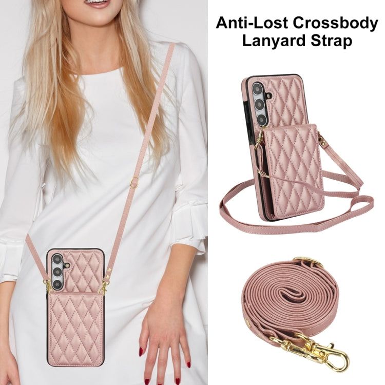 For Samsung Galaxy S24+ 5G YM015 Crossbody Rhombic Card Bag RFID Phone Case(Rose Gold) - Galaxy S24+ 5G Cases by PMC Jewellery | Online Shopping South Africa | PMC Jewellery | Buy Now Pay Later Mobicred