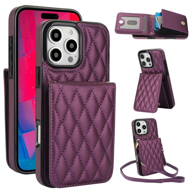 For iPhone 16 Pro YM015 Crossbody Rhombic Card Bag RFID Phone Case(Dark Purple) - iPhone 16 Pro Cases by PMC TechLife | Online Shopping South Africa | PMC TechLife | Buy Now Pay Later Mobicred