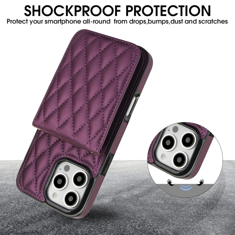 For iPhone 16 Pro YM015 Crossbody Rhombic Card Bag RFID Phone Case(Dark Purple) - iPhone 16 Pro Cases by PMC TechLife | Online Shopping South Africa | PMC TechLife | Buy Now Pay Later Mobicred