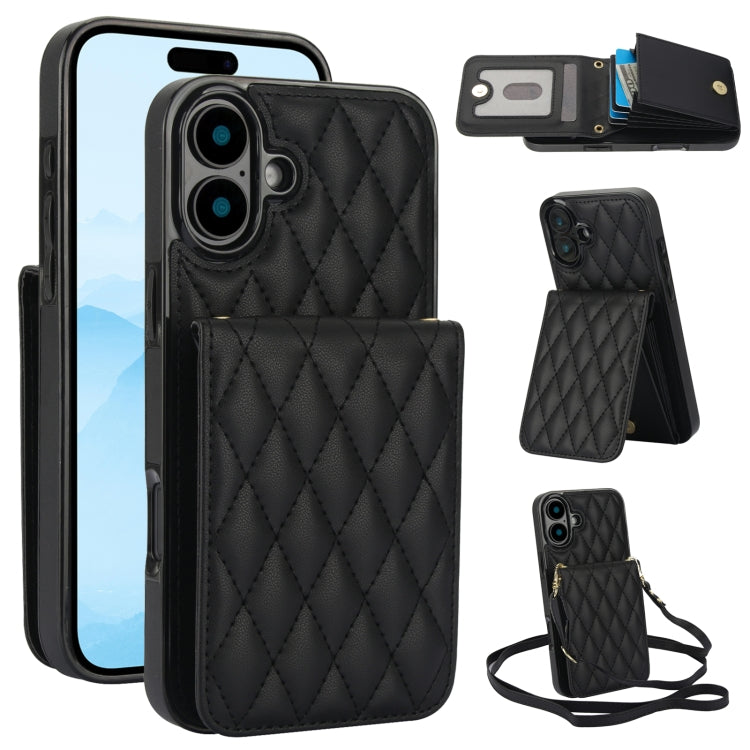 For iPhone 16 Plus YM015 Crossbody Rhombic Card Bag RFID Phone Case(Black) - iPhone 16 Plus Cases by PMC TechLife | Online Shopping South Africa | PMC TechLife | Buy Now Pay Later Mobicred