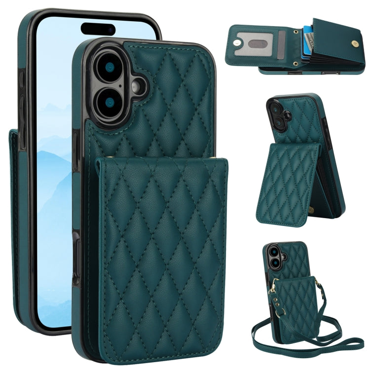 For iPhone 16 YM015 Crossbody Rhombic Card Bag RFID Phone Case(Green) - iPhone 16 Cases by PMC TechLife | Online Shopping South Africa | PMC TechLife | Buy Now Pay Later Mobicred