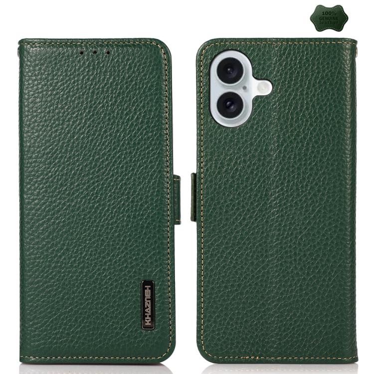 For iPhone 17 KHAZNEH Side-Magnetic Litchi Genuine Leather RFID Case(Green) - free shipping - PMc TechLife - Order now!