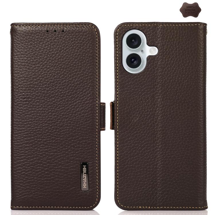 For iPhone 17 KHAZNEH Side-Magnetic Litchi Genuine Leather RFID Case(Brown) - free shipping - PMc TechLife - Order now!