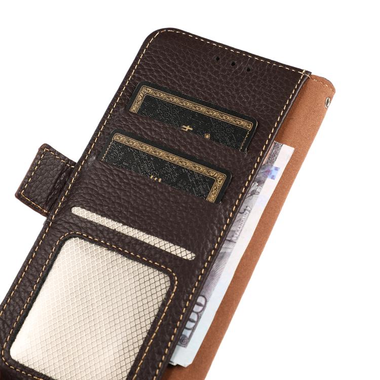 For iPhone 17 KHAZNEH Side-Magnetic Litchi Genuine Leather RFID Case(Brown) - free shipping - PMc TechLife - Order now!