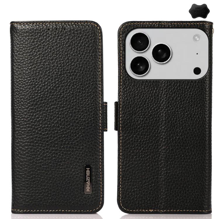 For iPhone 17 Pro KHAZNEH Side-Magnetic Litchi Genuine Leather RFID Case(Black) - free shipping - PMc TechLife - Order now!