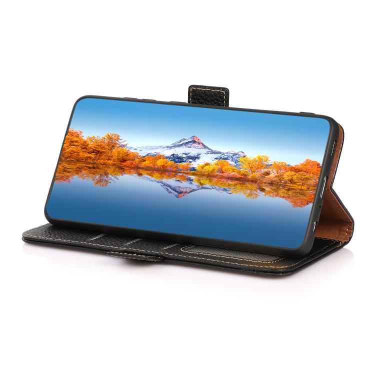 For iPhone 17 Pro KHAZNEH Side-Magnetic Litchi Genuine Leather RFID Case(Black) - free shipping - PMc TechLife - Order now!