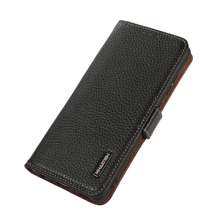 For iPhone 17 Pro KHAZNEH Side-Magnetic Litchi Genuine Leather RFID Case(Black) - free shipping - PMc TechLife - Order now!