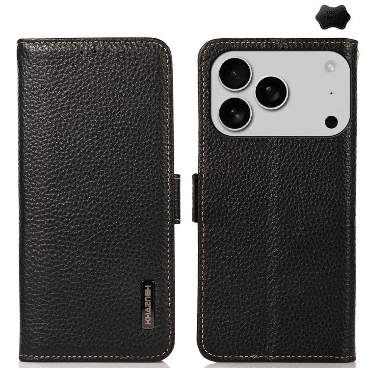 For iPhone 17 Pro Max KHAZNEH Side-Magnetic Litchi Genuine Leather RFID Case(Black) - free shipping - PMc TechLife - Order now!