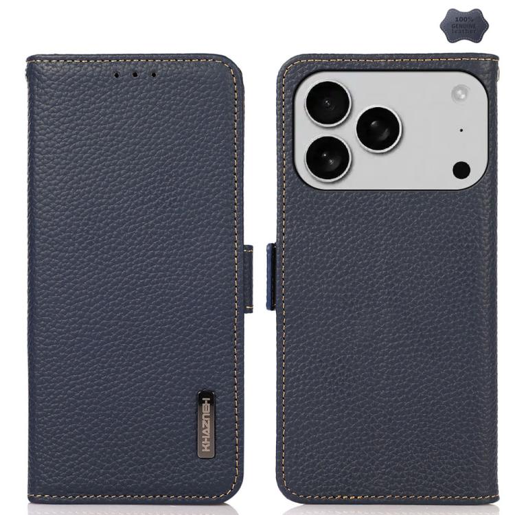 For iPhone 17 Pro Max KHAZNEH Side-Magnetic Litchi Genuine Leather RFID Case(Blue) - free shipping - PMc TechLife - Order now!