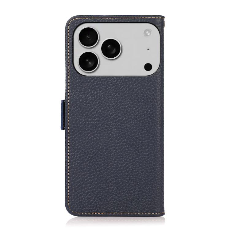 For iPhone 17 Pro Max KHAZNEH Side-Magnetic Litchi Genuine Leather RFID Case(Blue) - free shipping - PMc TechLife - Order now!