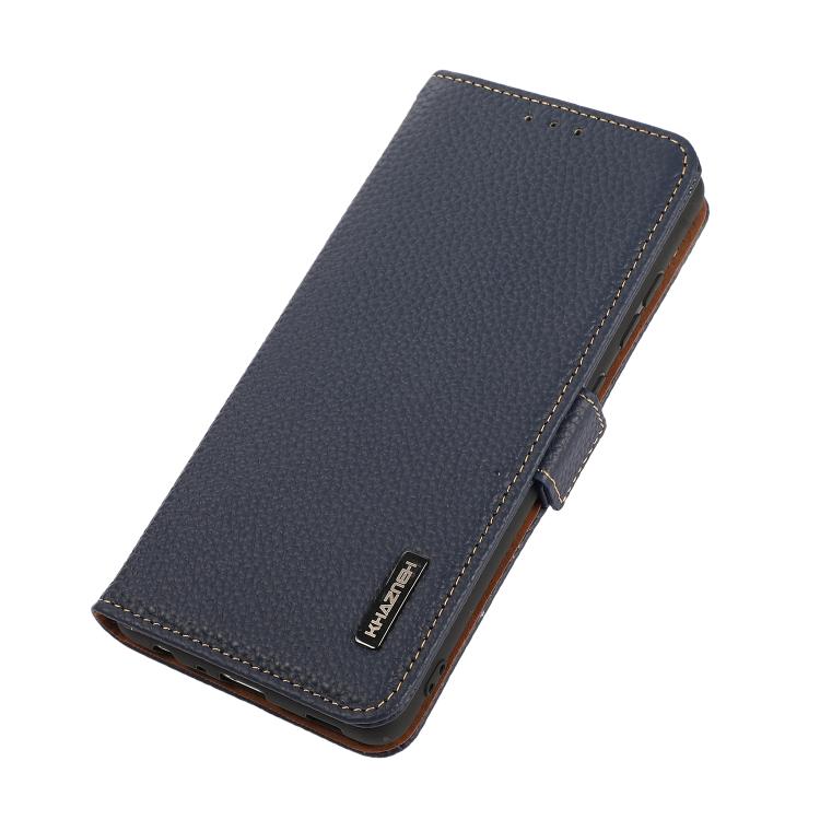 For iPhone 17 Pro Max KHAZNEH Side-Magnetic Litchi Genuine Leather RFID Case(Blue) - free shipping - PMc TechLife - Order now!