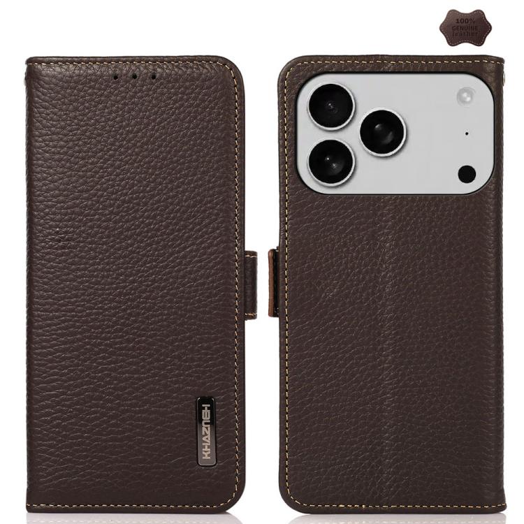 For iPhone 17 Pro Max KHAZNEH Side-Magnetic Litchi Genuine Leather RFID Case(Brown) - free shipping - PMc TechLife - Order now!