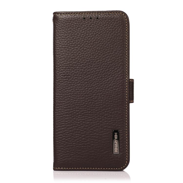For iPhone 17 Pro Max KHAZNEH Side-Magnetic Litchi Genuine Leather RFID Case(Brown) - free shipping - PMc TechLife - Order now!