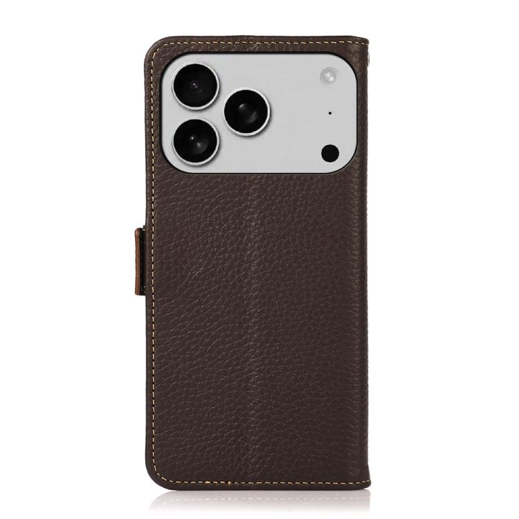 For iPhone 17 Pro Max KHAZNEH Side-Magnetic Litchi Genuine Leather RFID Case(Brown) - free shipping - PMc TechLife - Order now!