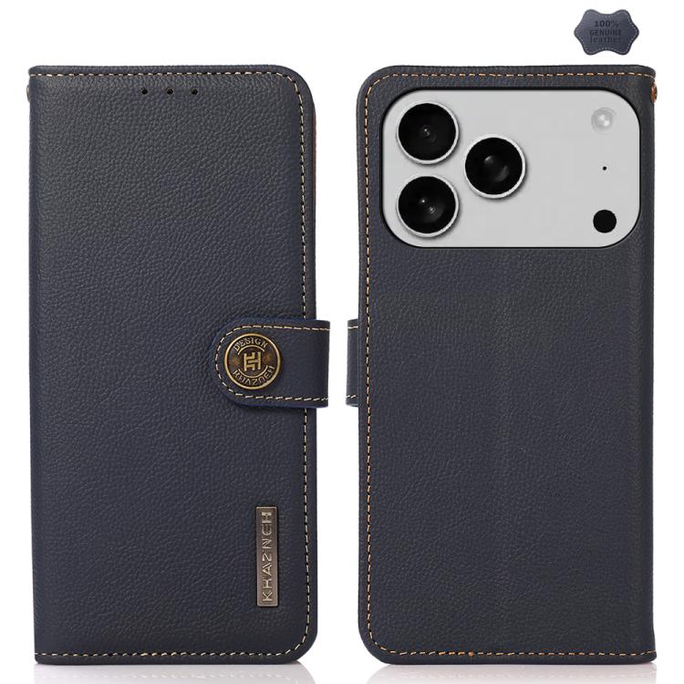 For iPhone 17 Pro KHAZNEH Custer Genuine Leather RFID Phone Case(Blue) - free shipping - PMc TechLife - Order now!