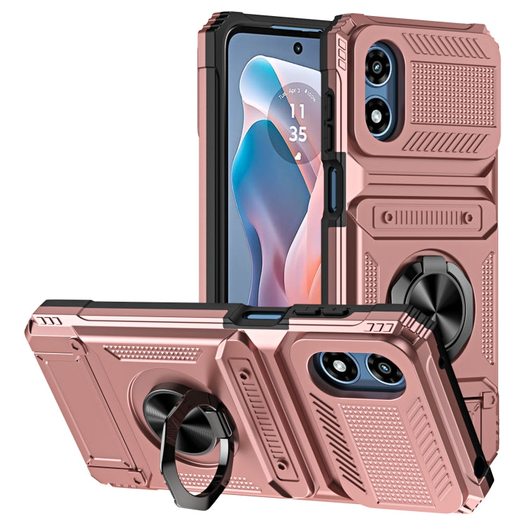 For Motorola Moto G Play 4G 2024 TPU+PC Shockproof Card Slot Phone Case with Metal Ring Holder(Rose Gold) - Motorola Cases by PMC Jewellery | Online Shopping South Africa | PMC Jewellery | Buy Now Pay Later Mobicred