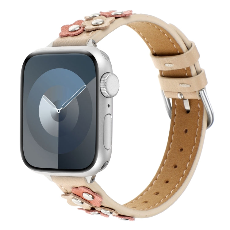 For Apple Watch SE 2023 44mm Stitched Flower Leather Watch Band(Khaki) - Watch Bands by PMc TechLife | Online Shopping South Africa | PMc TechLife | Buy Now Pay Later Mobicred
