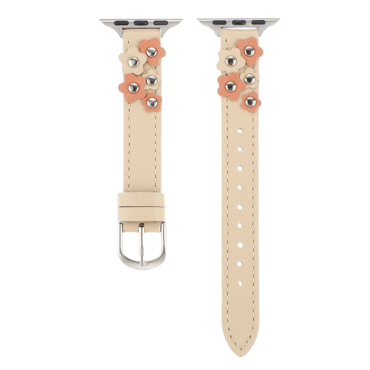 For Apple Watch SE 2023 44mm Stitched Flower Leather Watch Band(Khaki) - Watch Bands by PMc TechLife | Online Shopping South Africa | PMc TechLife | Buy Now Pay Later Mobicred