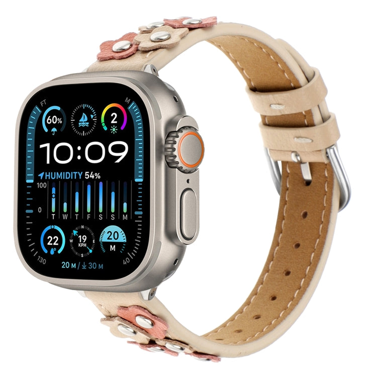 For Apple Watch Ultra 2 49mm Stitched Flower Leather Watch Band(Khaki) - Watch Bands by PMC TechLife | Online Shopping South Africa | PMC TechLife | Buy Now Pay Later Mobicred