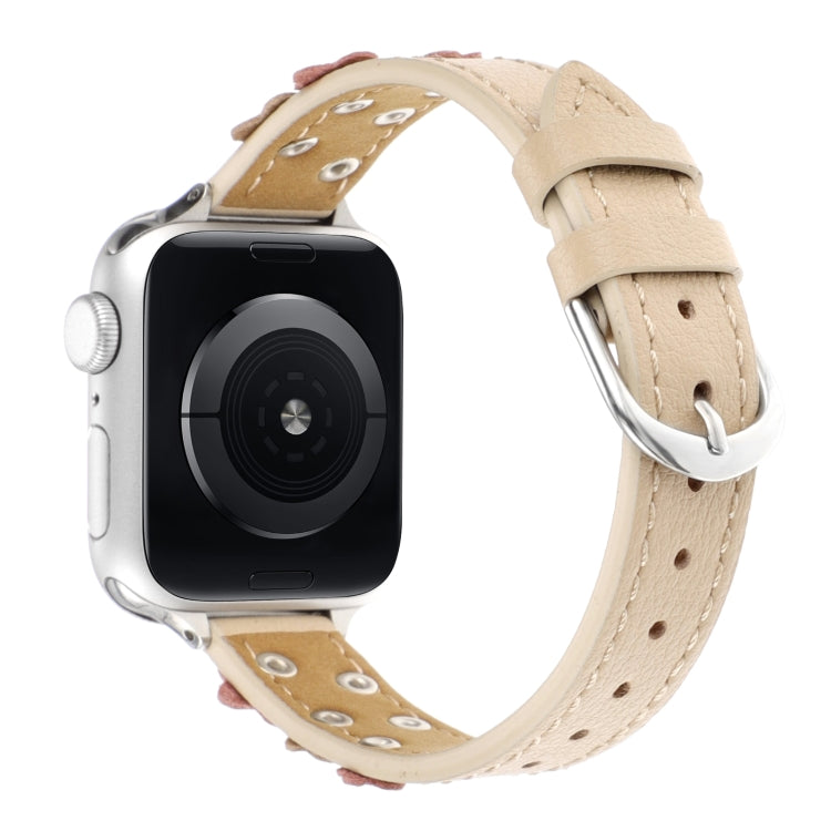 For Apple Watch Ultra 2 49mm Stitched Flower Leather Watch Band(Khaki) - Watch Bands by PMC TechLife | Online Shopping South Africa | PMC TechLife | Buy Now Pay Later Mobicred