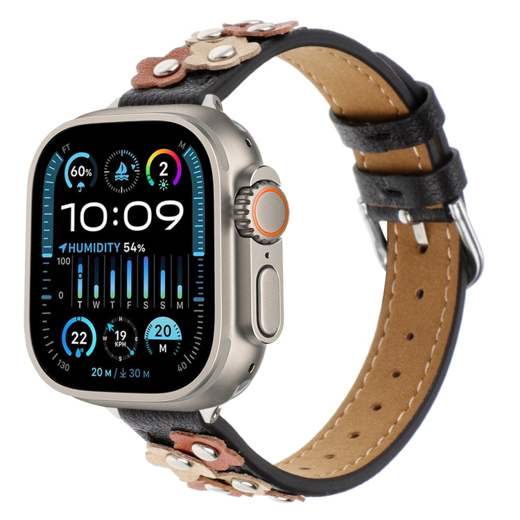 For Apple Watch Ultra 49mm Stitched Flower Leather Watch Band(Black) - Watch Bands by PMC TechLife | Online Shopping South Africa | PMC TechLife | Buy Now Pay Later Mobicred