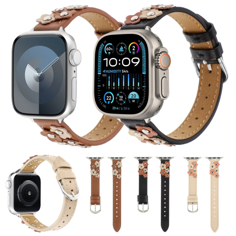 For Apple Watch Ultra 2 49mm Stitched Flower Leather Watch Band(Khaki) - Watch Bands by PMC TechLife | Online Shopping South Africa | PMC TechLife | Buy Now Pay Later Mobicred