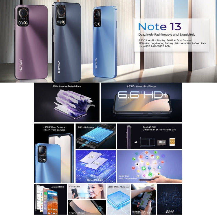 HOTWAV Note 13, 4GB+128GB, Side Fingerprint Identification, 6.6 inch Android 13 T606 Octa Core up to 1.6GHz, Network: 4G, NFC, OTG(Blue) - free shipping - PMC TechLife - Order now!