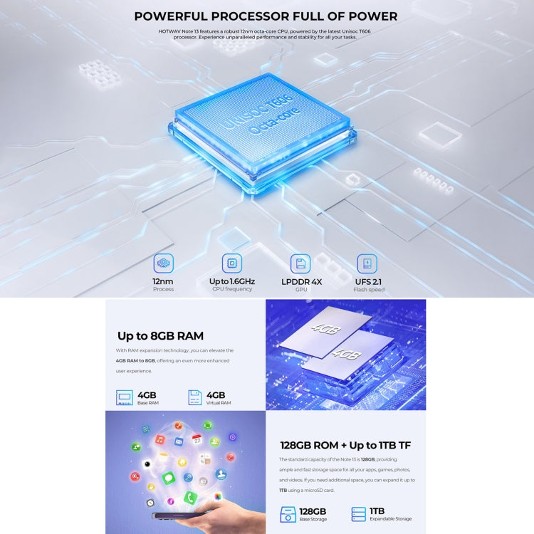 HOTWAV Note 13, 4GB+128GB, Side Fingerprint Identification, 6.6 inch Android 13 T606 Octa Core up to 1.6GHz, Network: 4G, NFC, OTG(Blue) - free shipping - PMC TechLife - Order now!