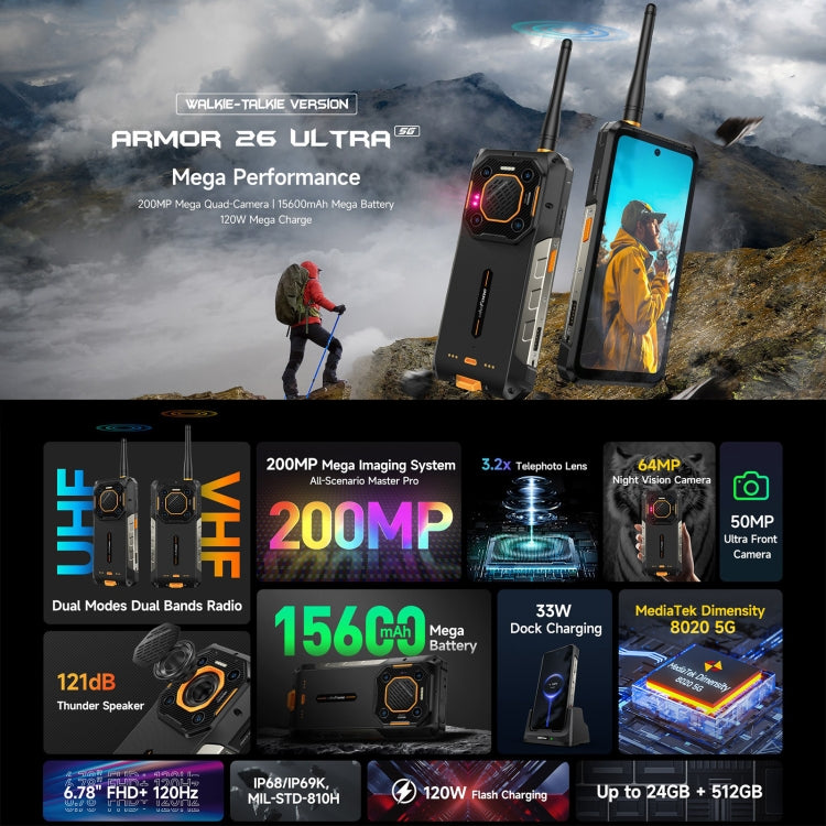 Ulefone Armor 26 Ultra Walkie-Talkie Version Rugged Phone, 12GB+512GB, 6.78 inch Android 13 MediaTek Dimensity 8020 Octa Core, Network: 5G, NFC(Black) - free shipping - PMC TechLife - Order now!